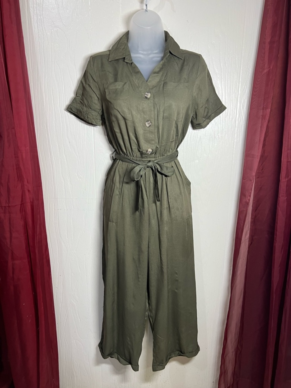 Tie-Waist Short-Sleeve Olive Utility Jumpsuit